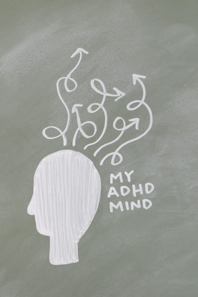 lots of arrows coming out of a head (all drawn) with the text 'my adhd mind'