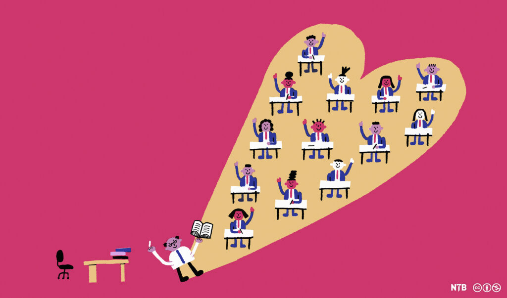 graphic of a teach in a classroom and the students are engaged. A heart surrounds them.